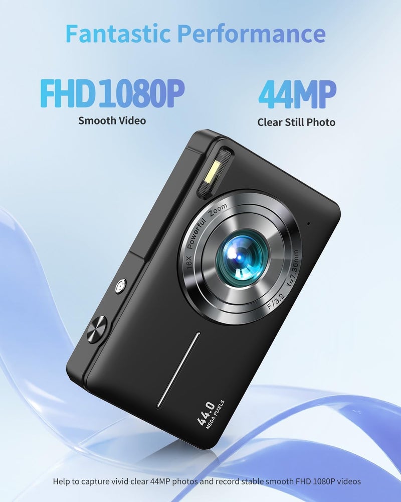 Lecran كاميرا رقمية، كاميرا تصوير فوري FHD 1080P مع زوم 16X ومضادة للاهتزاز، صغيرة ومحمولة للأولاد والبنات (أسود داكن) - Image 2